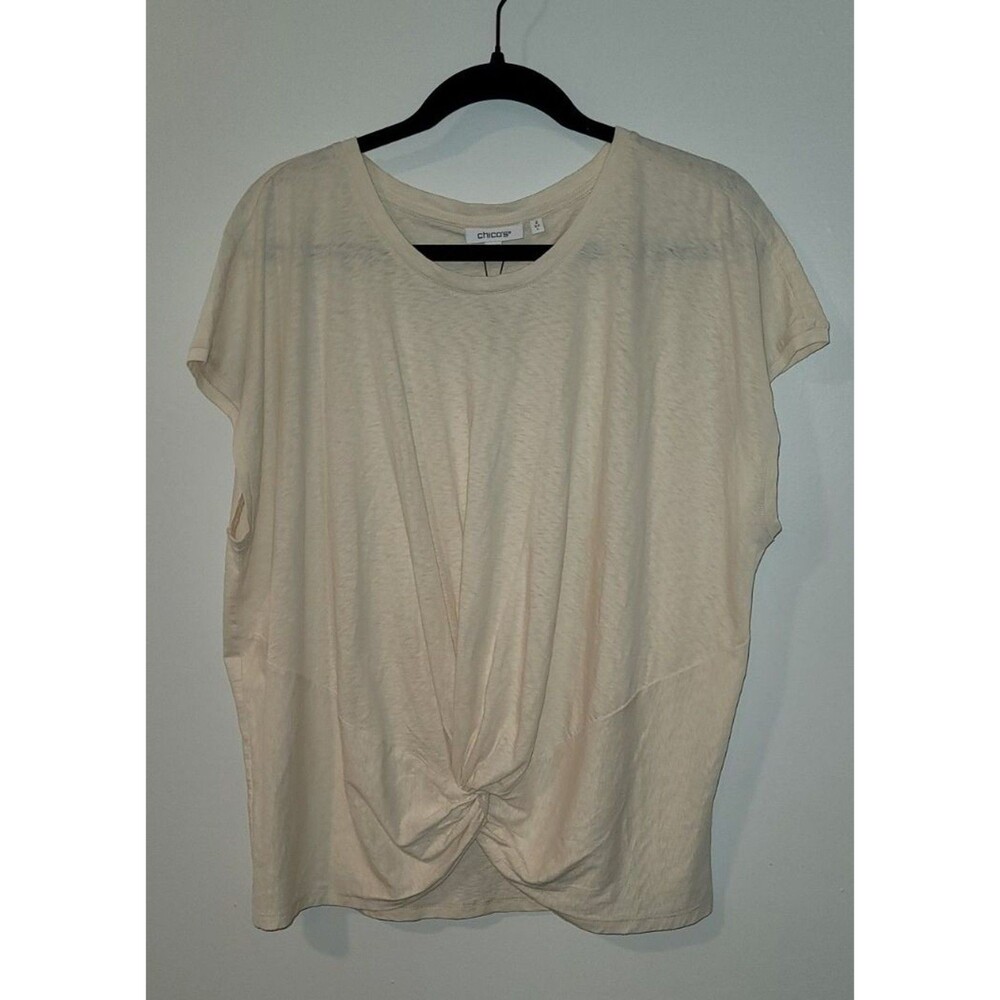 Chicos Sz 2 (L 12-14) Natural Cream Inverted Knot Front Short Sleeve 100% Cotton